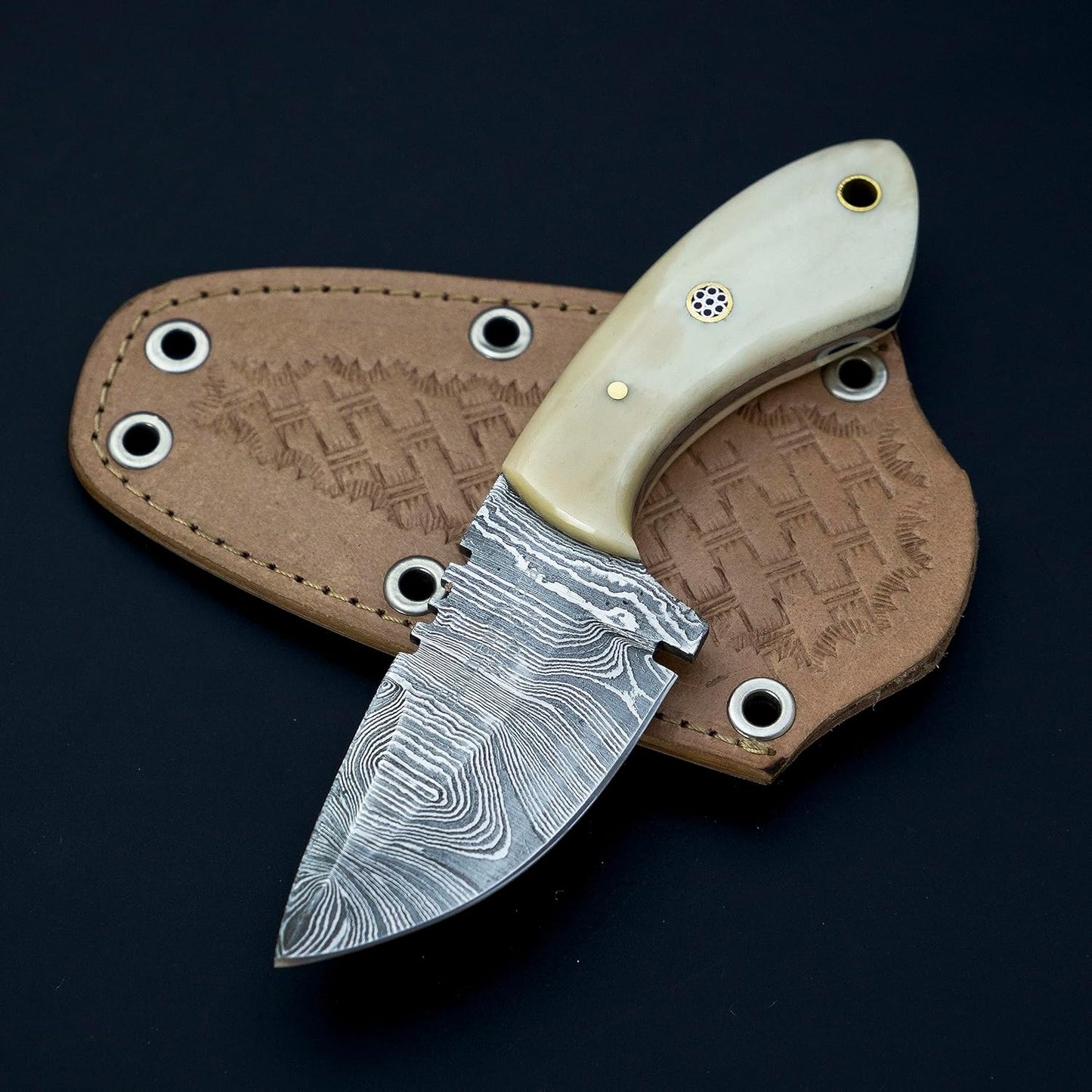 Custom Handmade Damascus Skinning Knife with Camel Bone Handle