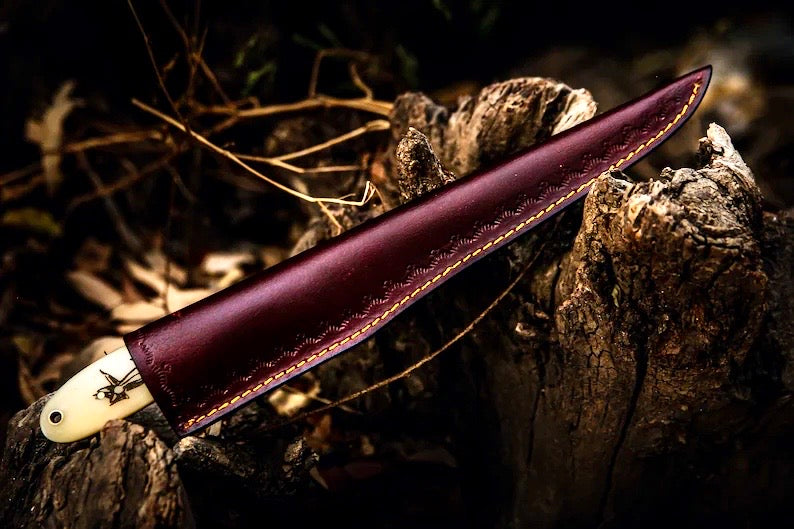 Custom Handmade Filleting Knife for Fish – 13" Damascus Steel Blade with Camel Bone & Rosewood Handle