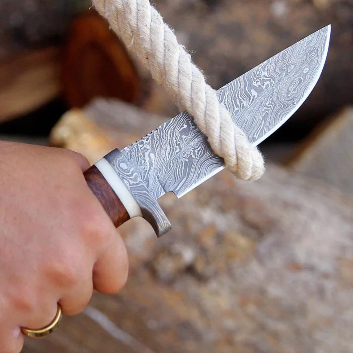 Damascus Steel Hunting Knife – 10" with Damascus Steel Guard & Stag Horn Handle, Includes Leather Sheath