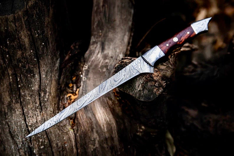 Handmade Damascus Steel Fish Fillet Knife – 13” Rosewood Handle & Leather Sheath