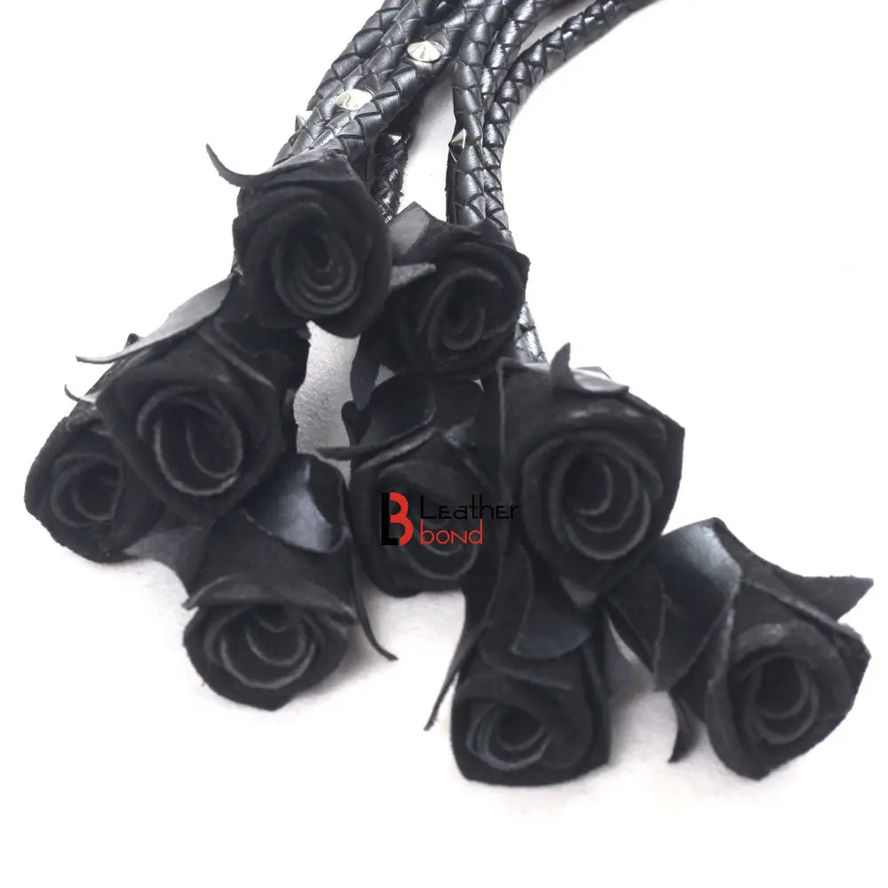 Rose Flogger Real Genuine Cowhide Leather 9 Braided Falls Heavy Black Roses & Steel Studs Cat-o-nine Tails