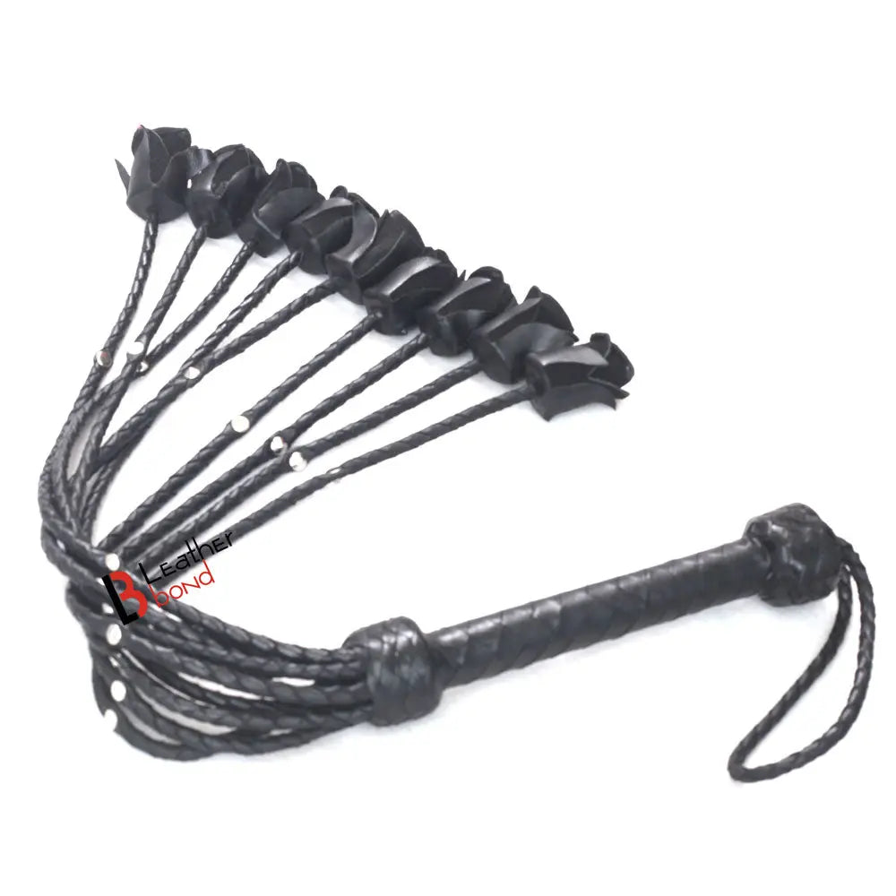 Rose Flogger Real Genuine Cowhide Leather 9 Braided Falls Heavy Black Roses & Steel Studs Cat-o-nine Tails