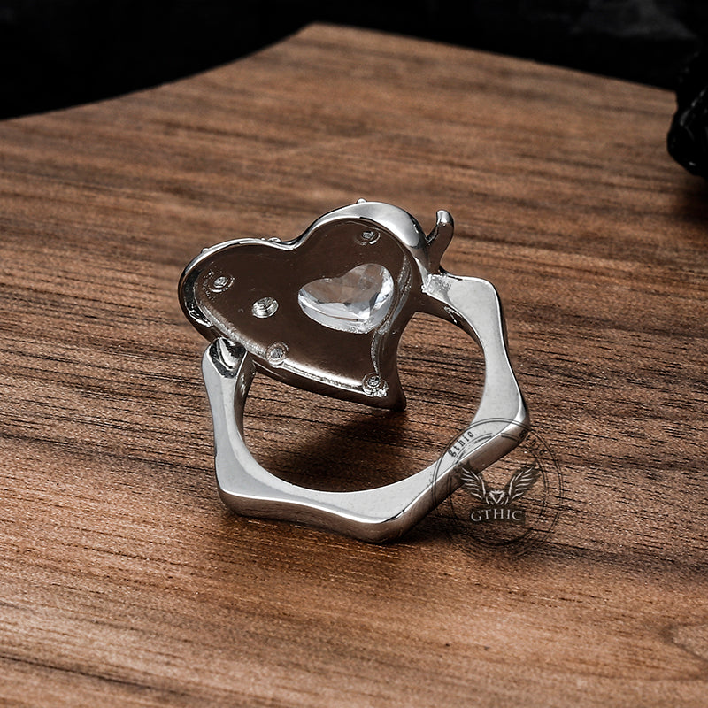 Double Heart Zircon Stainless Steel Open Ring