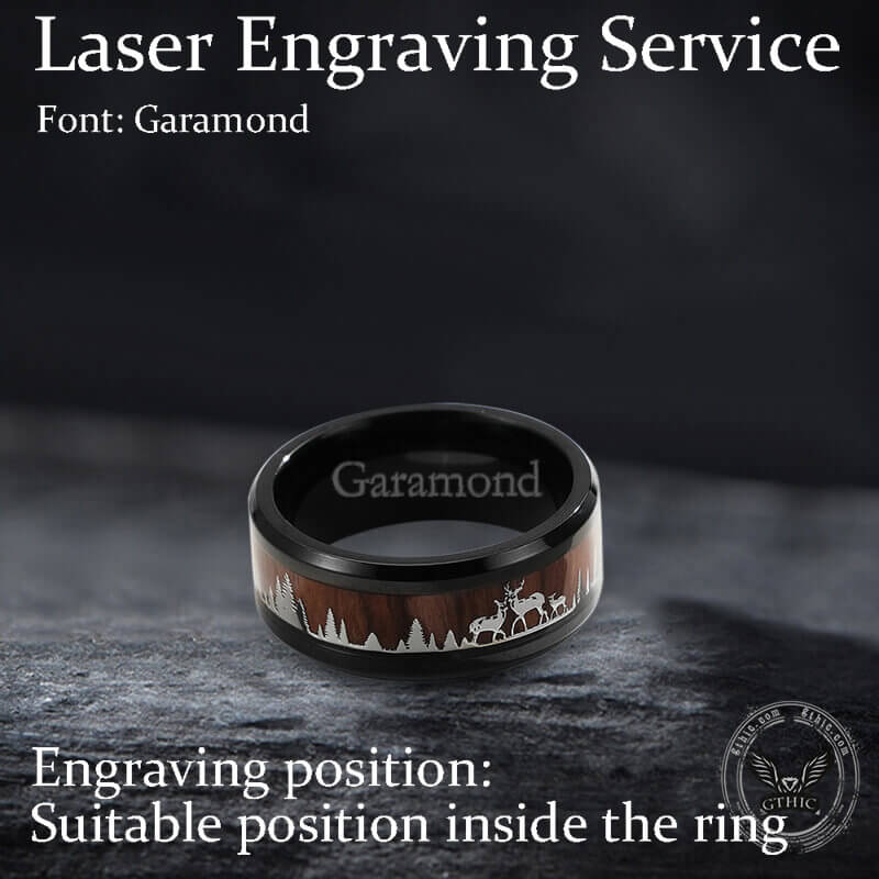 Forest Elk Wood Texture Stainless Steel Band Ring
