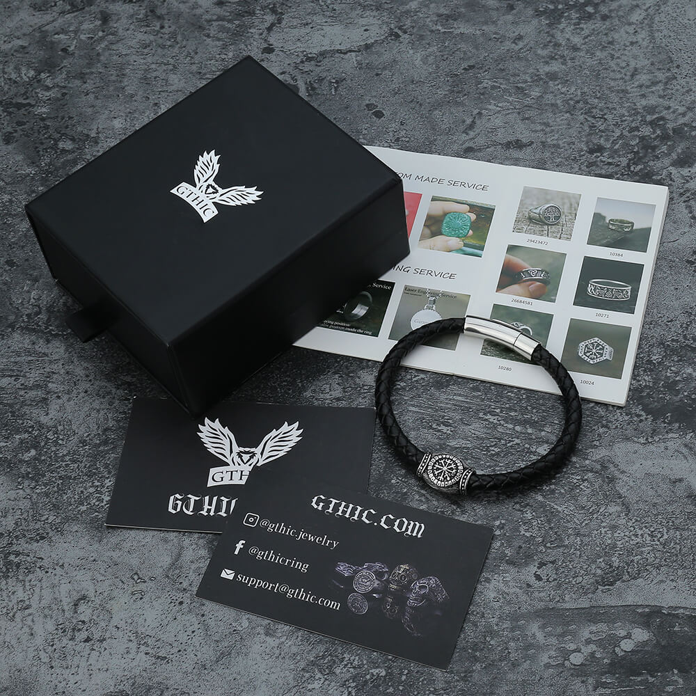 Icelandic Magic Symbol Stainless Steel Leather Bracelet