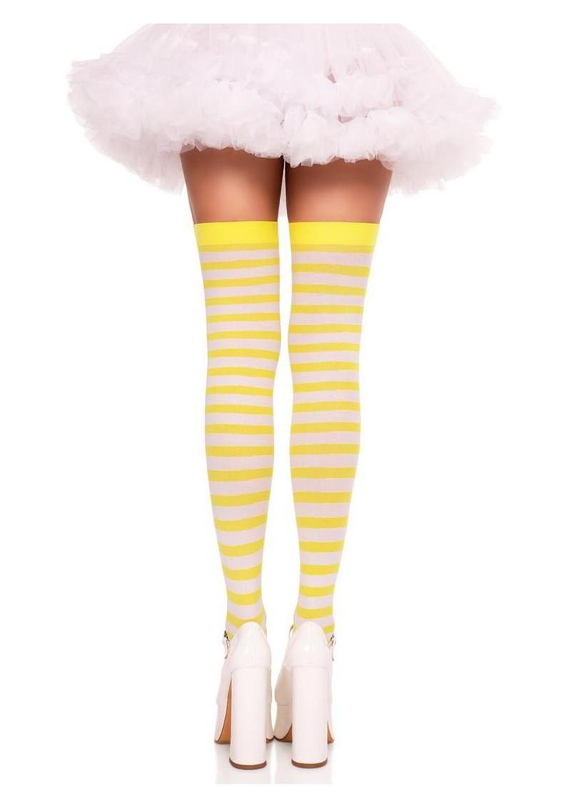 White With Yellow Striped Nylon Thigh High Stockings