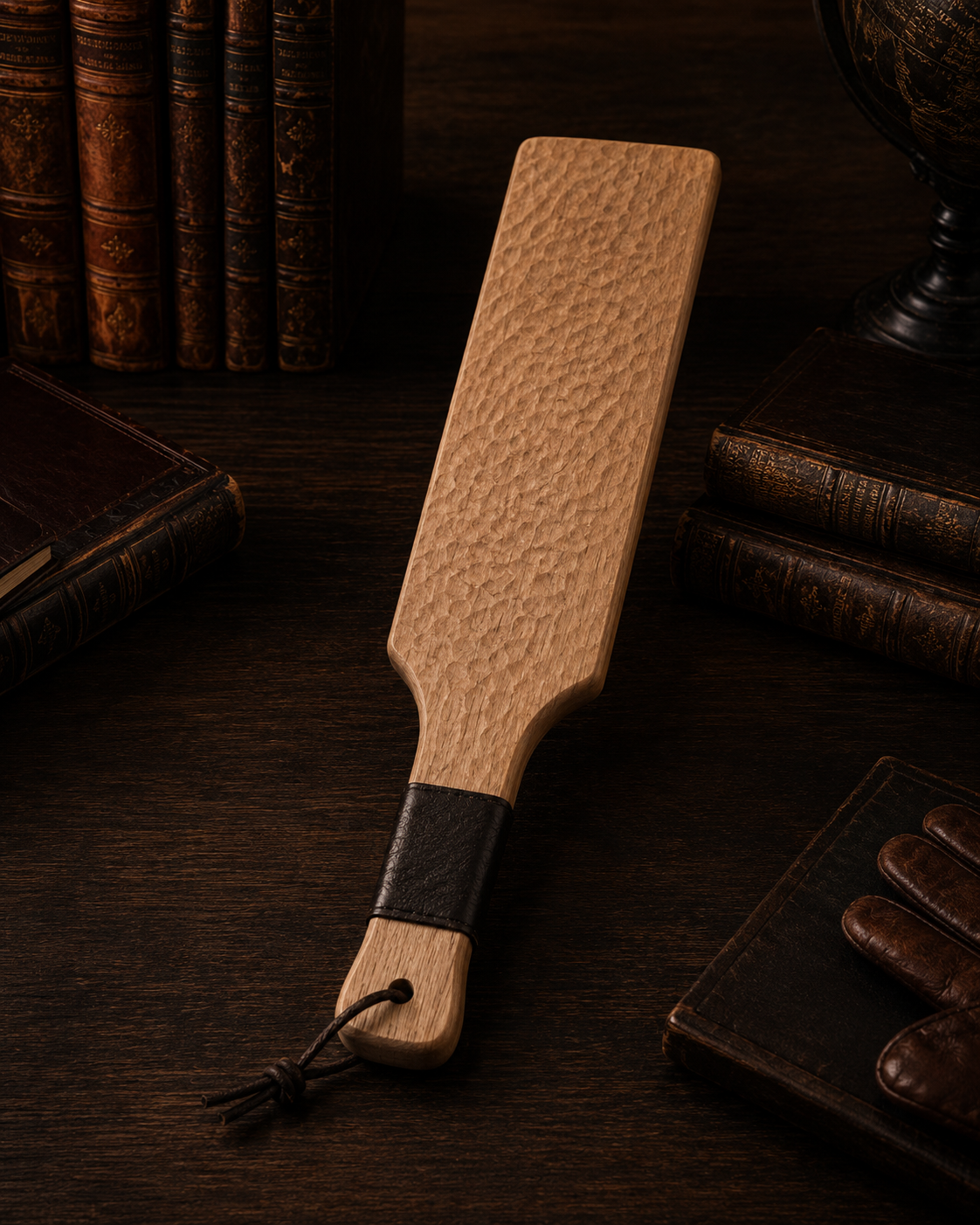 Full wooden paddle with black handle wrap on a dark archival desk