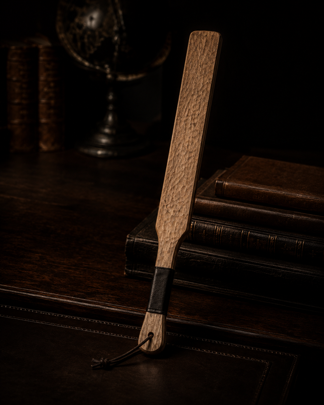 Slim wooden paddle with black handle wrap on a dark archival desk
