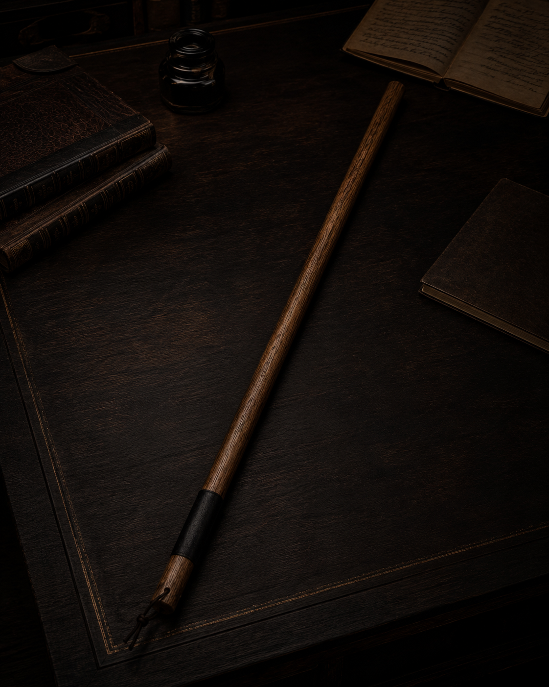 Two straight wooden course correction canes on a blackened wood surface