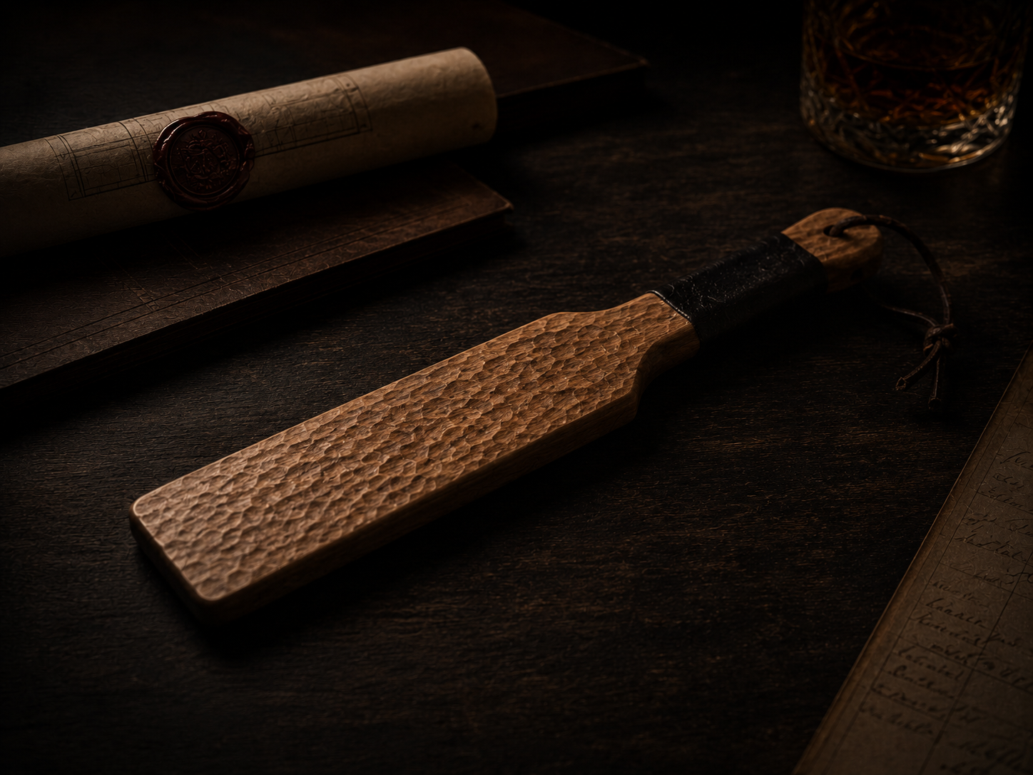 Finished wooden paddle with archival record and parchment on a dark desk
