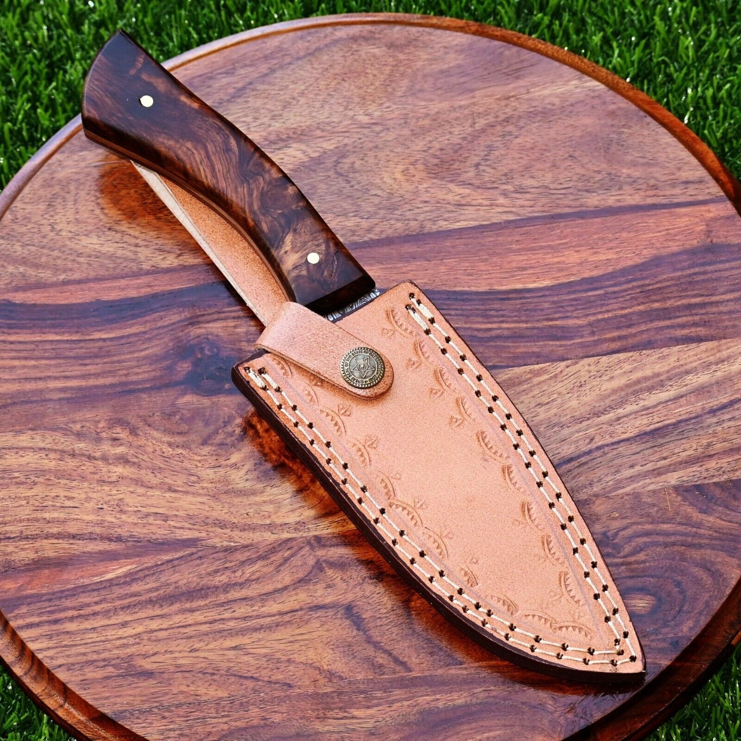 Damascus Steel Hunting Knife – 10" with Rosewood Handle and Leather Sheath