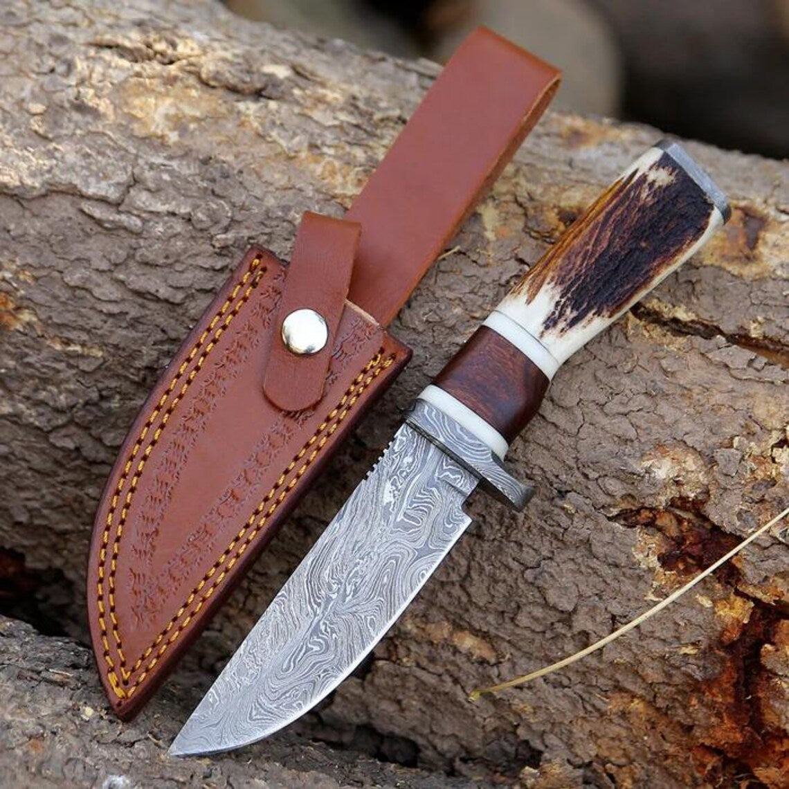 Damascus Steel Hunting Knife – 10" with Damascus Steel Guard & Stag Horn Handle, Includes Leather Sheath