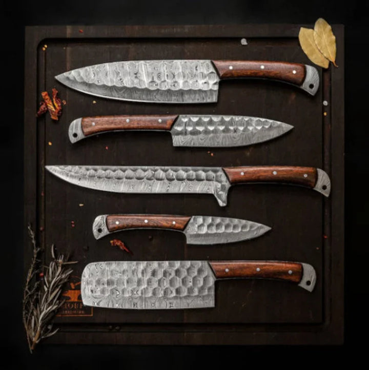 Best Dishwasher Safe Knife Set – 13" Forged Damascus Steel Blade with Bone & Pakkawood Handle + Leather Sheath