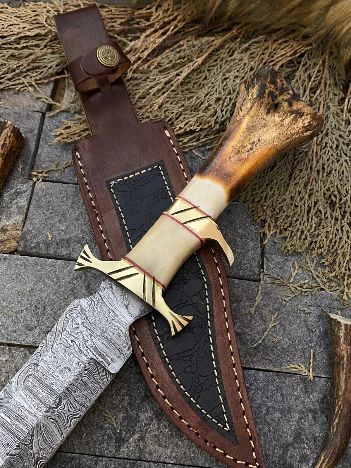 Custom Handmade Damascus Steel Bowie Knife – 13-Inch Blade with Bone and Brass Guard Handle, Includes Leather Sheath