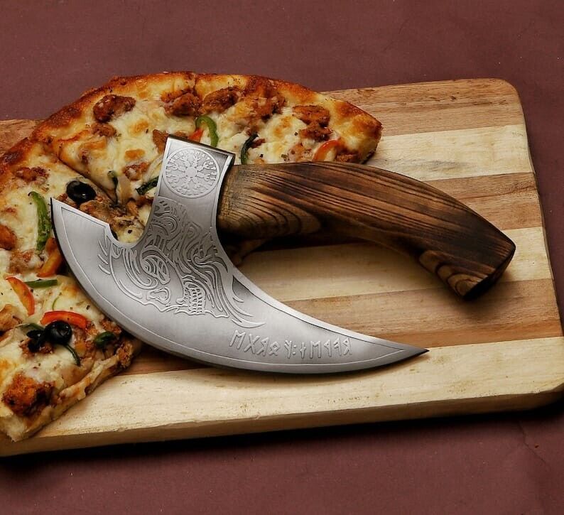 Axe Pizza Cutter – Custom Hand-Engraved J2 Steel Blade with Wooden Handle