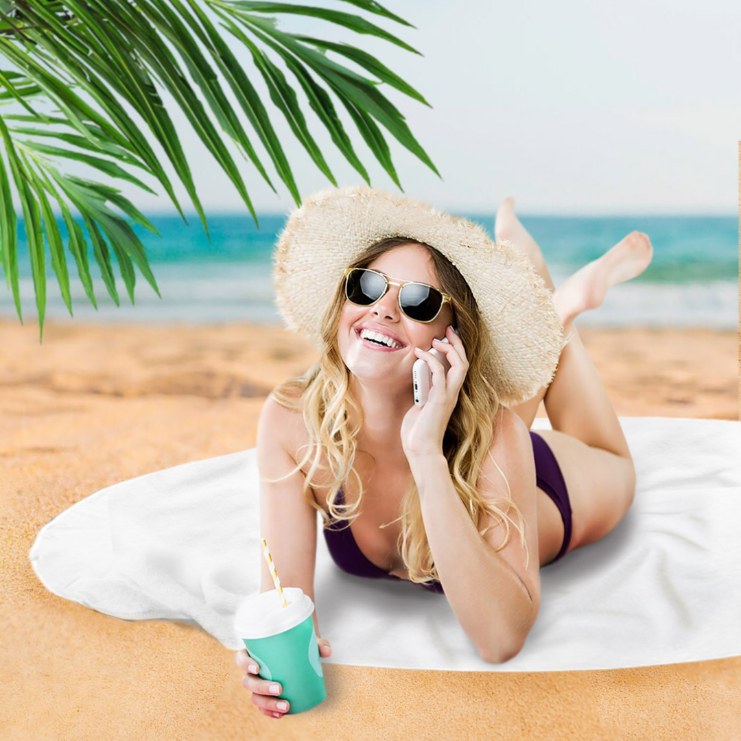 Round Beach Towel: 100% Cotton, White, 60" Diameter
