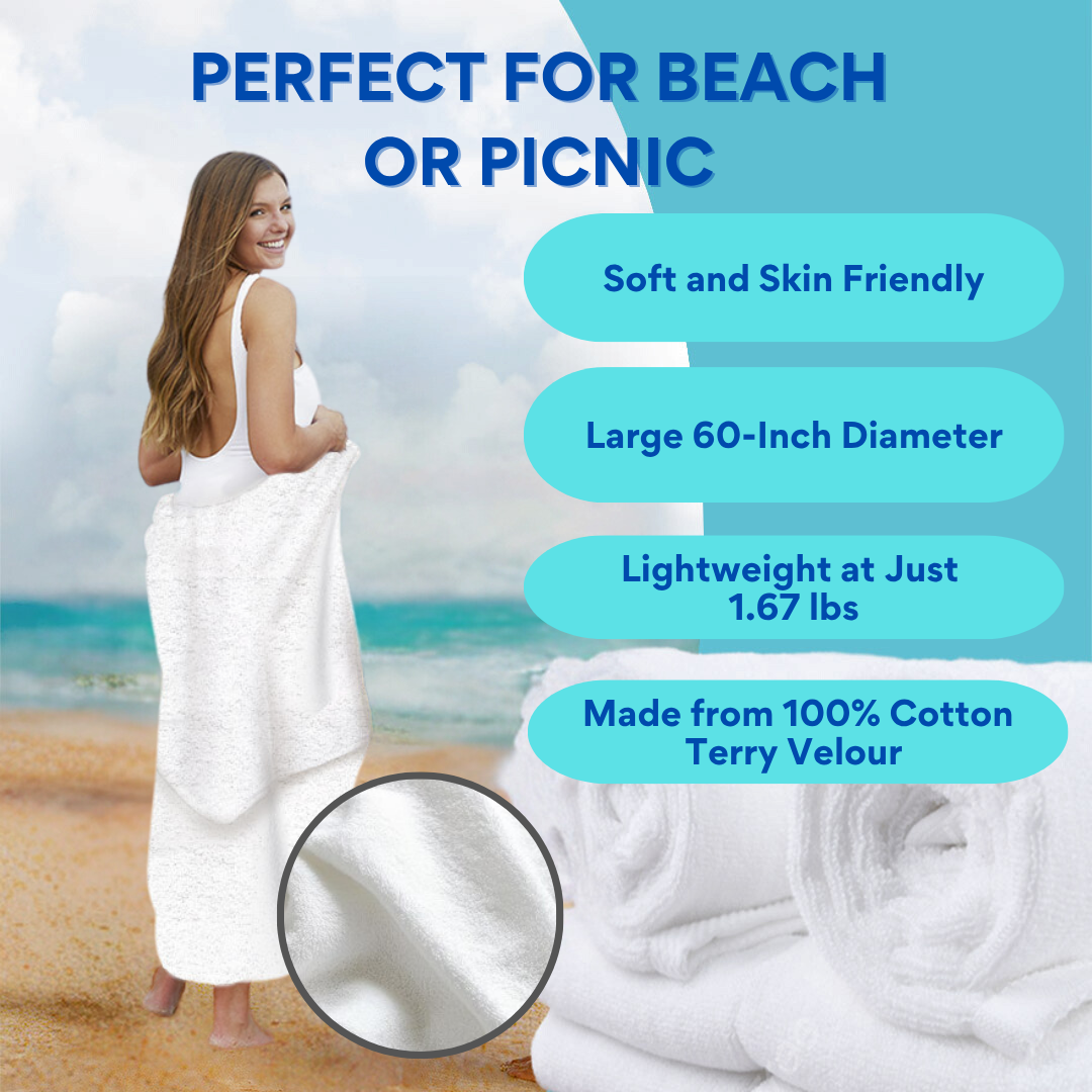 Round Beach Towel: 100% Cotton, White, 60" Diameter