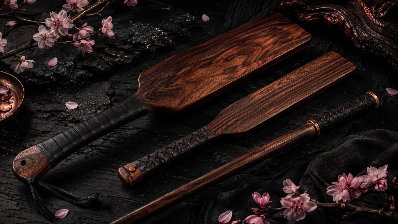 The Sub Space Boutique wooden impact paddles and canes arranged on a matte black and copper display
