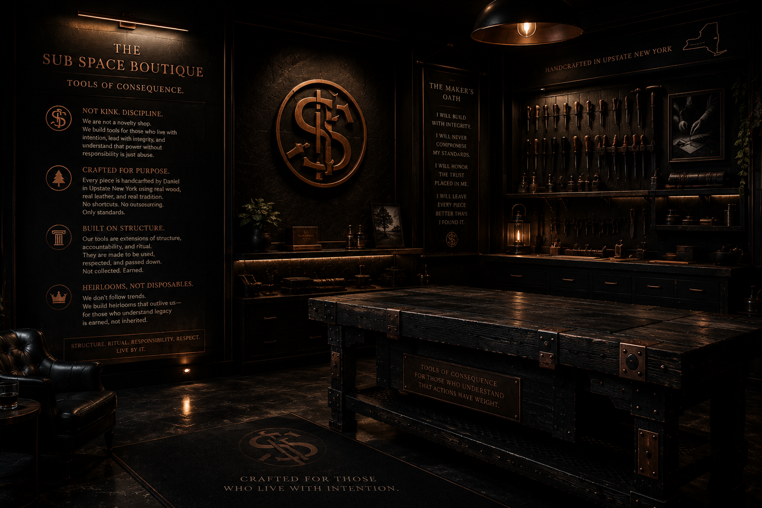 The Sub Space Boutique wooden discipline tools arranged on a matte black and copper display