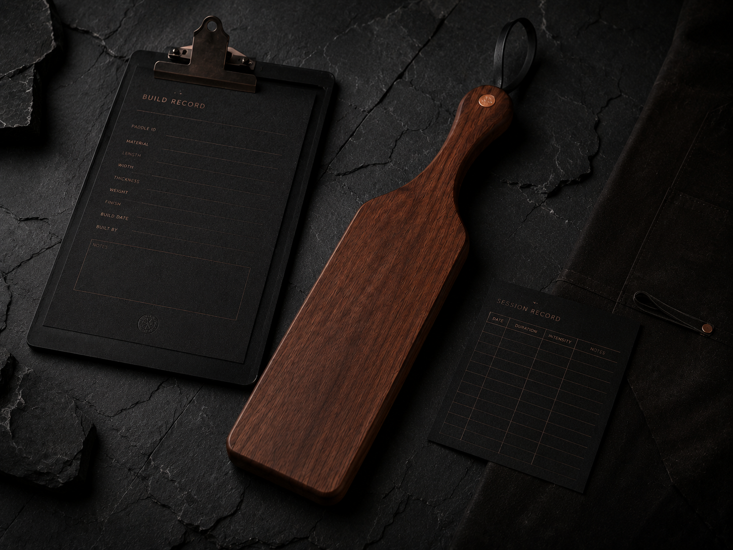 Finished wooden paddle with archival Ledger record on a dark desk