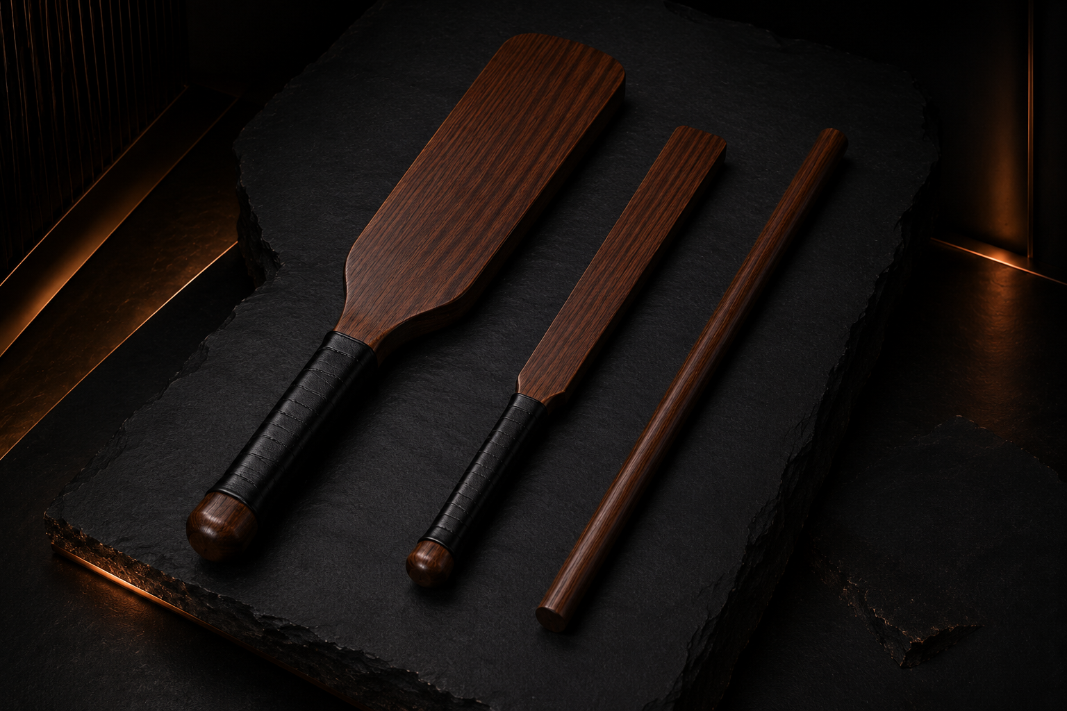 Sub Space Boutique wooden discipline tools arranged in a private black and copper chamber