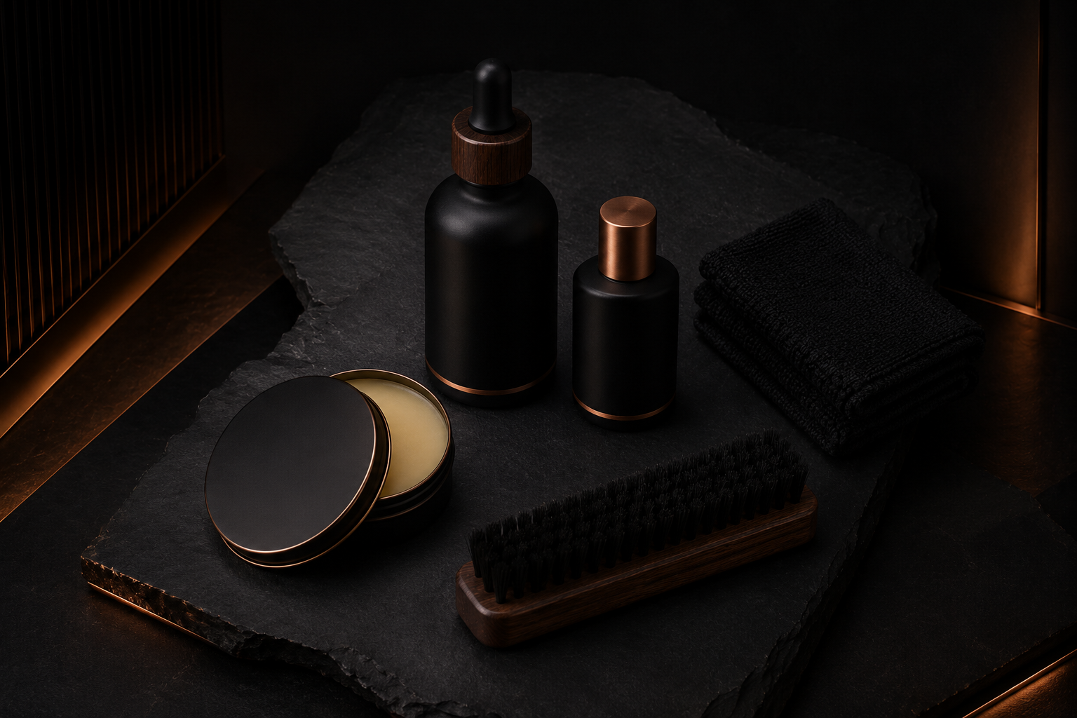 Matte black finish oils and care provisions arranged on a dark bench
