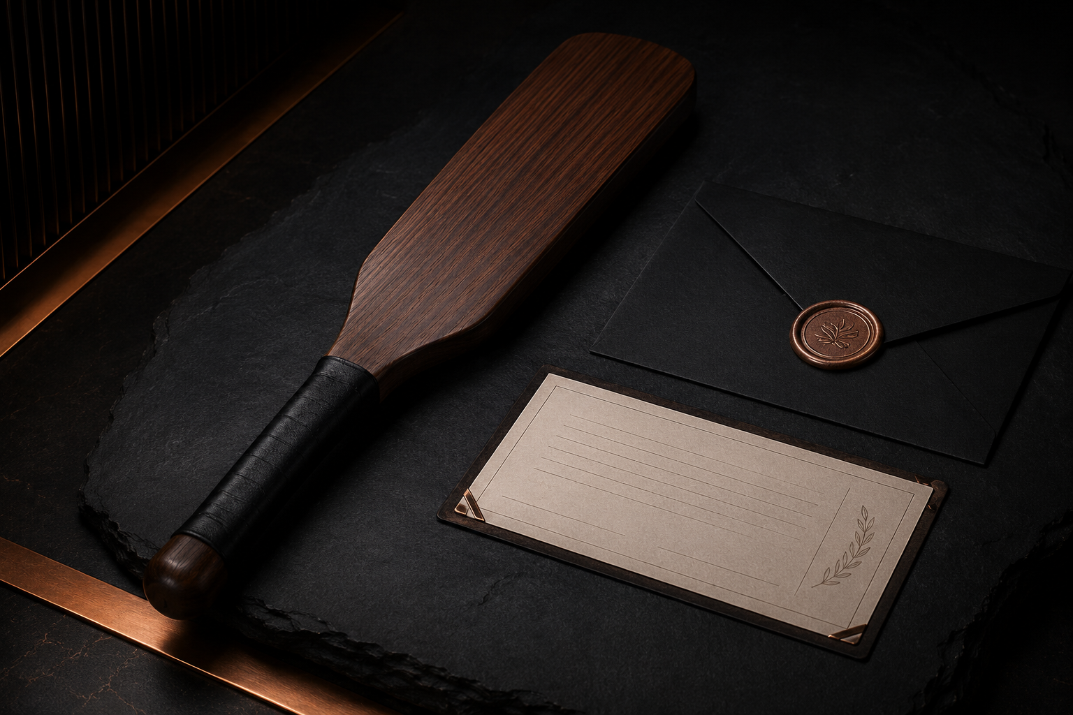 Finished wooden paddle with archival Ledger record on a dark desk