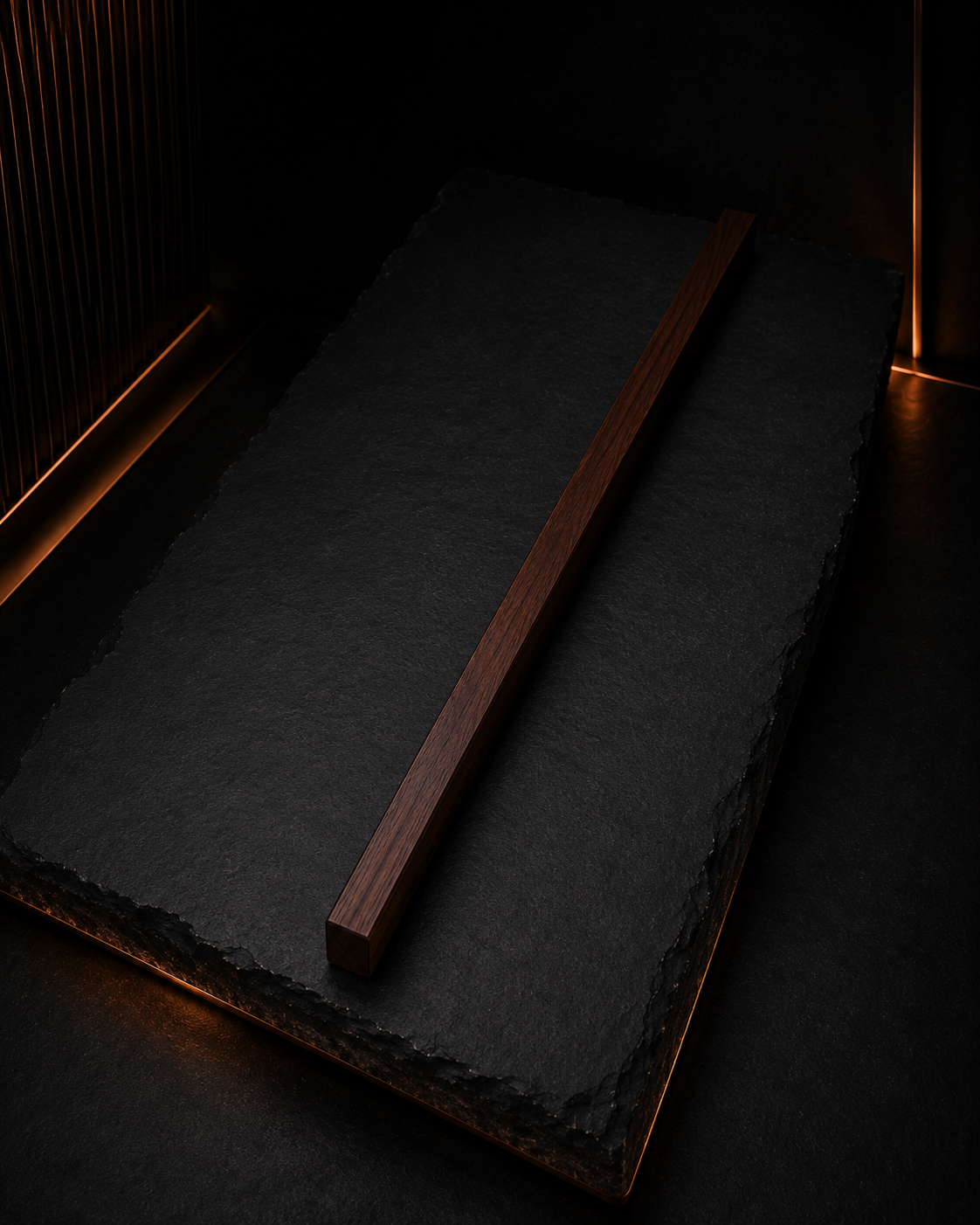 Straight wooden consequence cane on a blackened wood surface