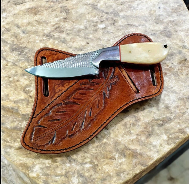 Crass Draw Ranch Cowboy Knife – Camel Bone Handle with Leather Sheath
