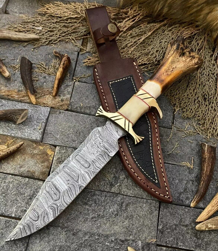 Custom Handmade Damascus Steel Bowie Knife – 13-Inch Blade with Bone and Brass Guard Handle, Includes Leather Sheath