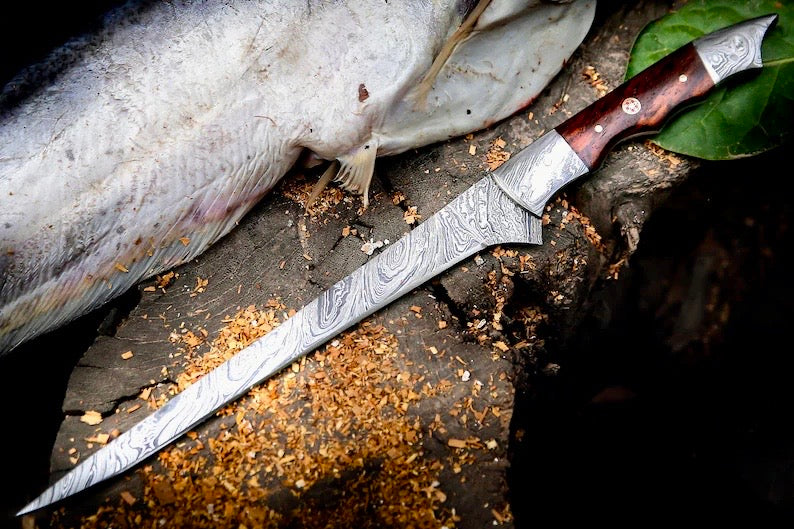 Handmade Damascus Steel Fish Fillet Knife – 13” Rosewood Handle & Leather Sheath
