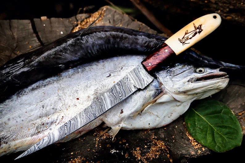 Custom Handmade Filleting Knife for Fish – 13" Damascus Steel Blade with Camel Bone & Rosewood Handle