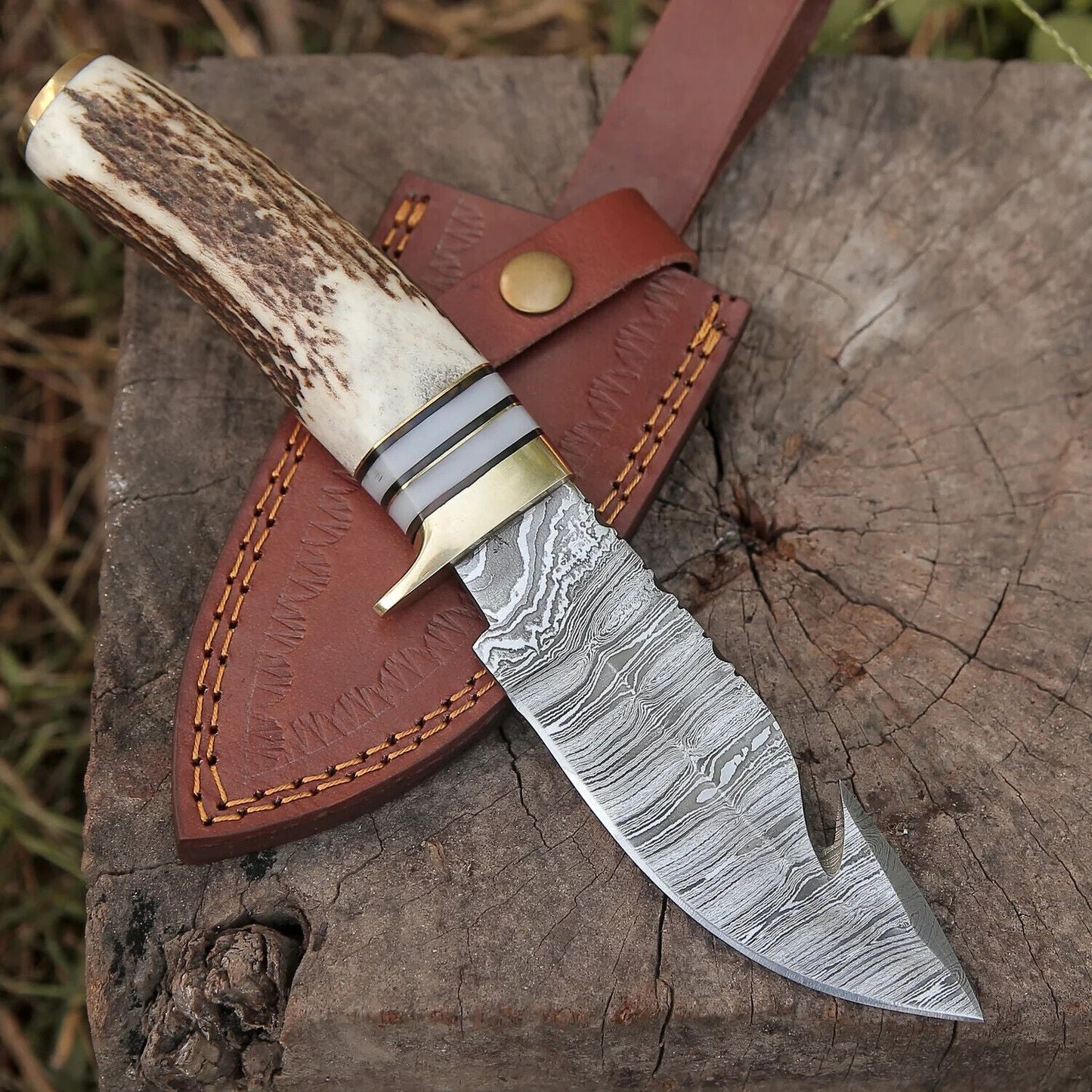 Custom Handmade Damascus Steel Guthook Skinning Knife – 9" Stag Horn Handle with Brass Guard & Leather Sheath