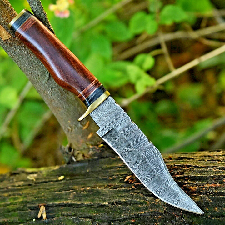 Damascus Steel Hunting Knife – 10" Blade with Brass Guard & Resin Pakkawood Handle, Leather Sheath Included