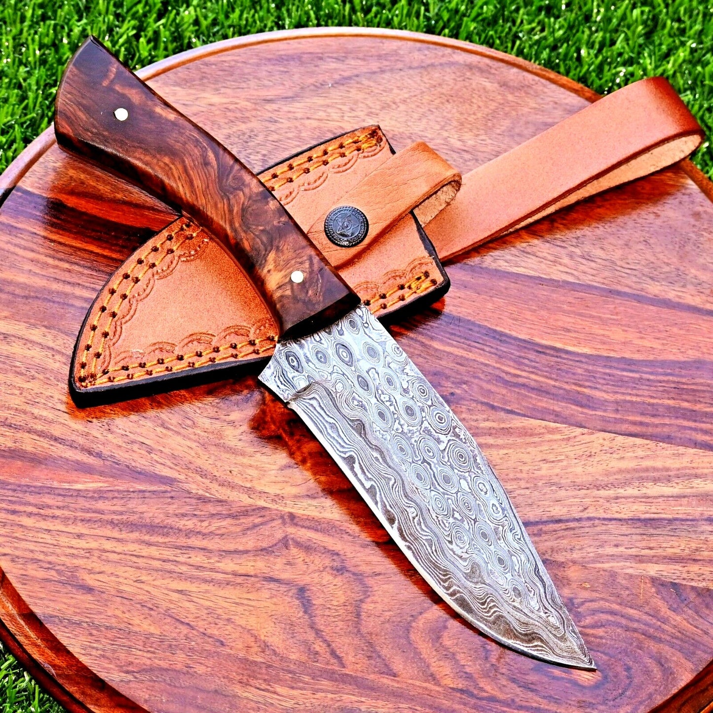 Damascus Steel Hunting Knife – 10" with Rosewood Handle and Leather Sheath