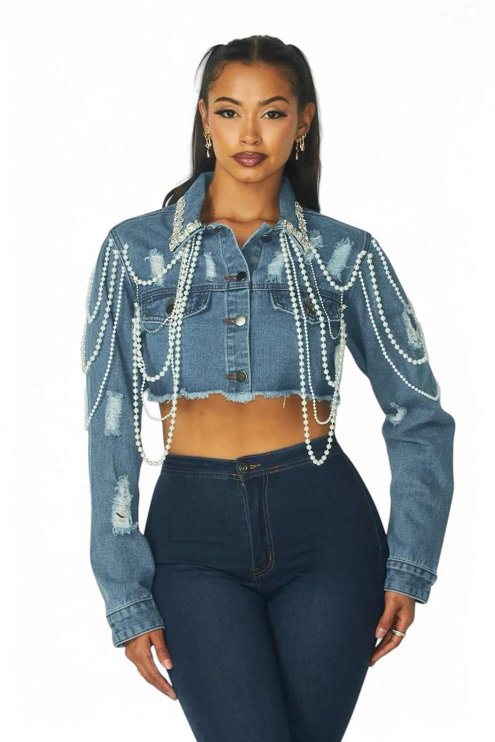 Artemila Pearl & Rhinestone Denim Crop Jacket