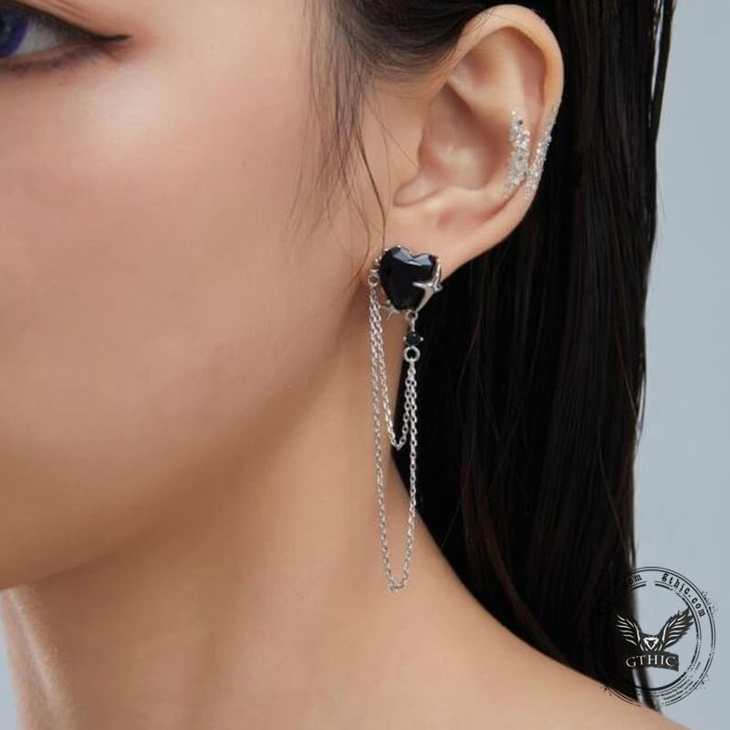 Gothic Heart Tassel Zircon Copper Stud Earrings