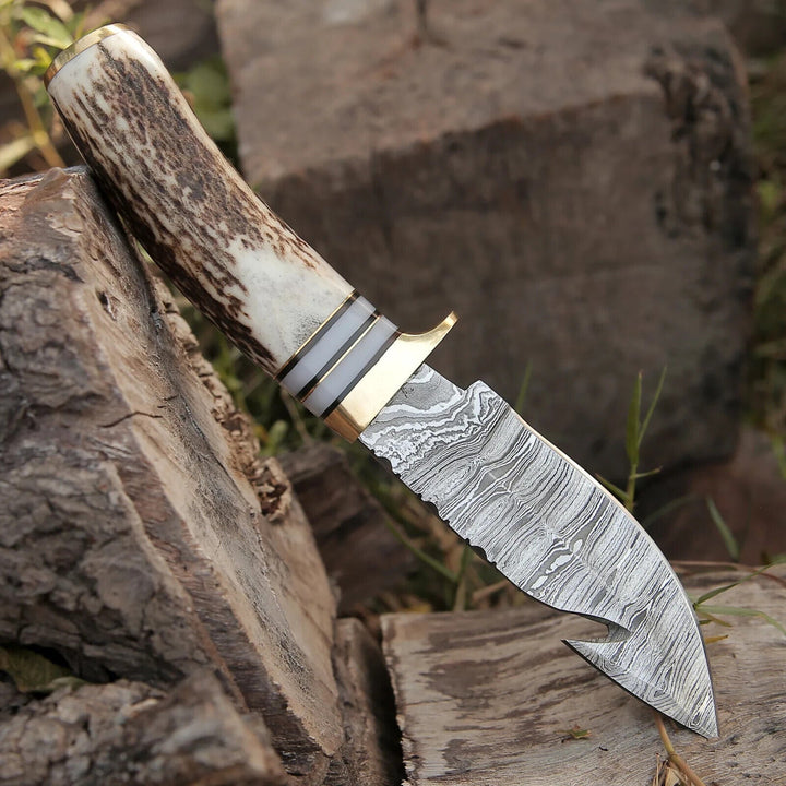 Custom Handmade Damascus Steel Guthook Skinning Knife – 9" Stag Horn Handle with Brass Guard & Leather Sheath