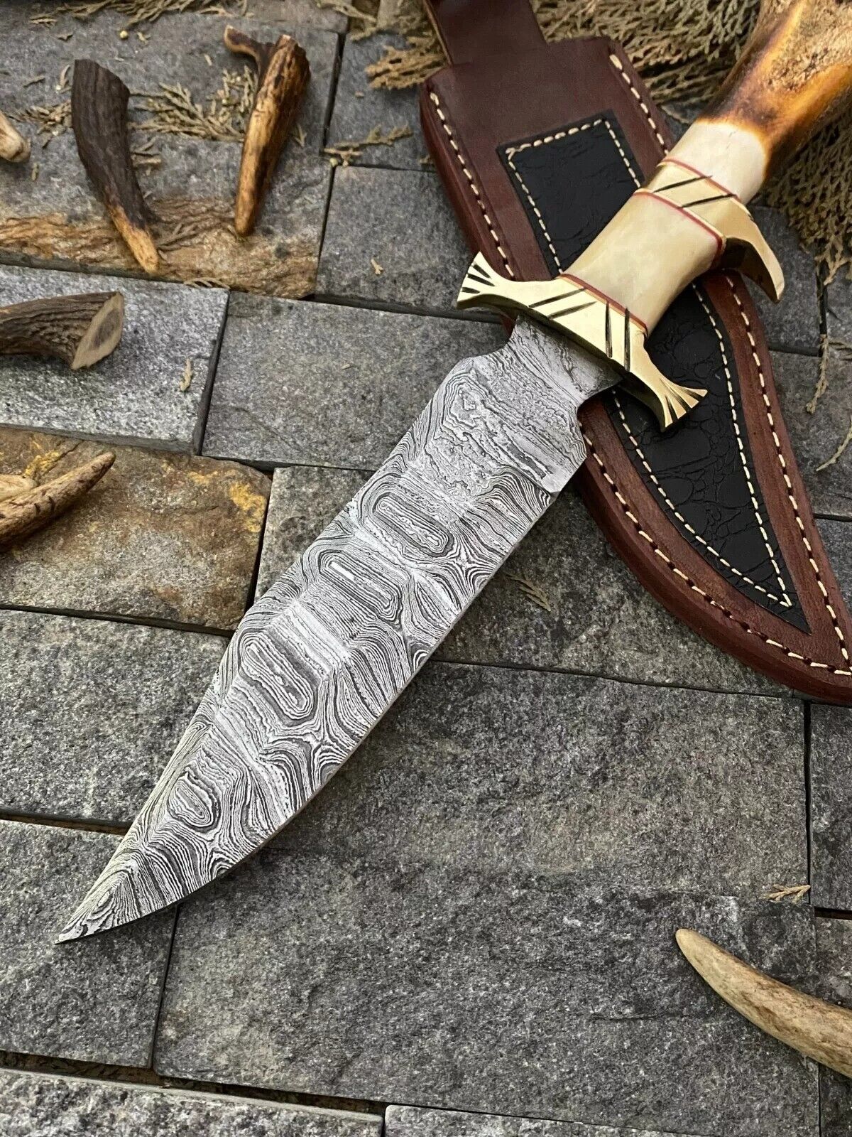 Custom Handmade Damascus Steel Bowie Knife – 13-Inch Blade with Bone and Brass Guard Handle, Includes Leather Sheath