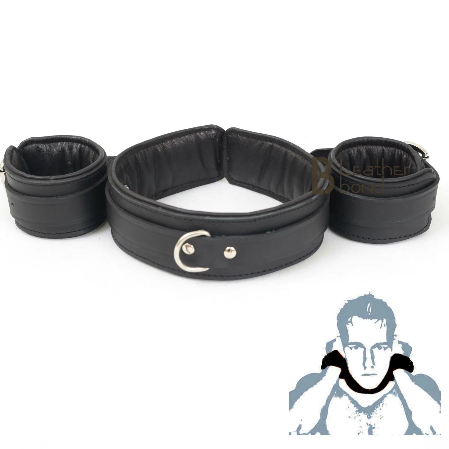 100% Genuine Cowhide Leather Neck Collar Wrist Cuffs Posture set Restraint Bondage BDSM