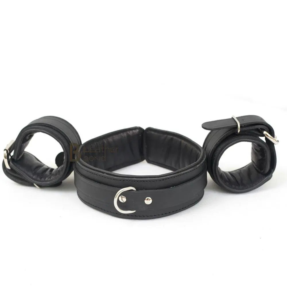 100% Genuine Cowhide Leather Neck Collar Wrist Cuffs Posture set Restraint Bondage BDSM