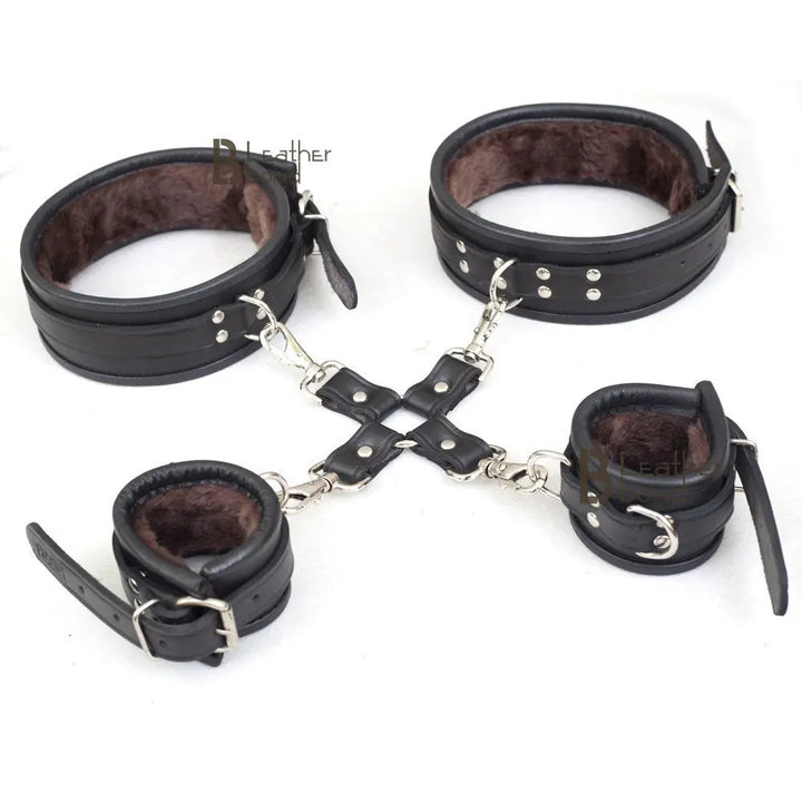 Real Cowhide Leather Wrist & Thigh Cuffs set Restraint Bondage Set Black 5 Piece set Fur line Cuffs with Hogtie