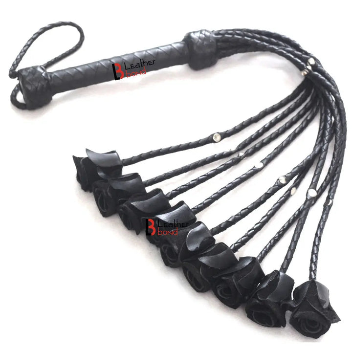 Rose Flogger Real Genuine Cowhide Leather 9 Braided Falls Heavy Black Roses & Steel Studs Cat-o-nine Tails