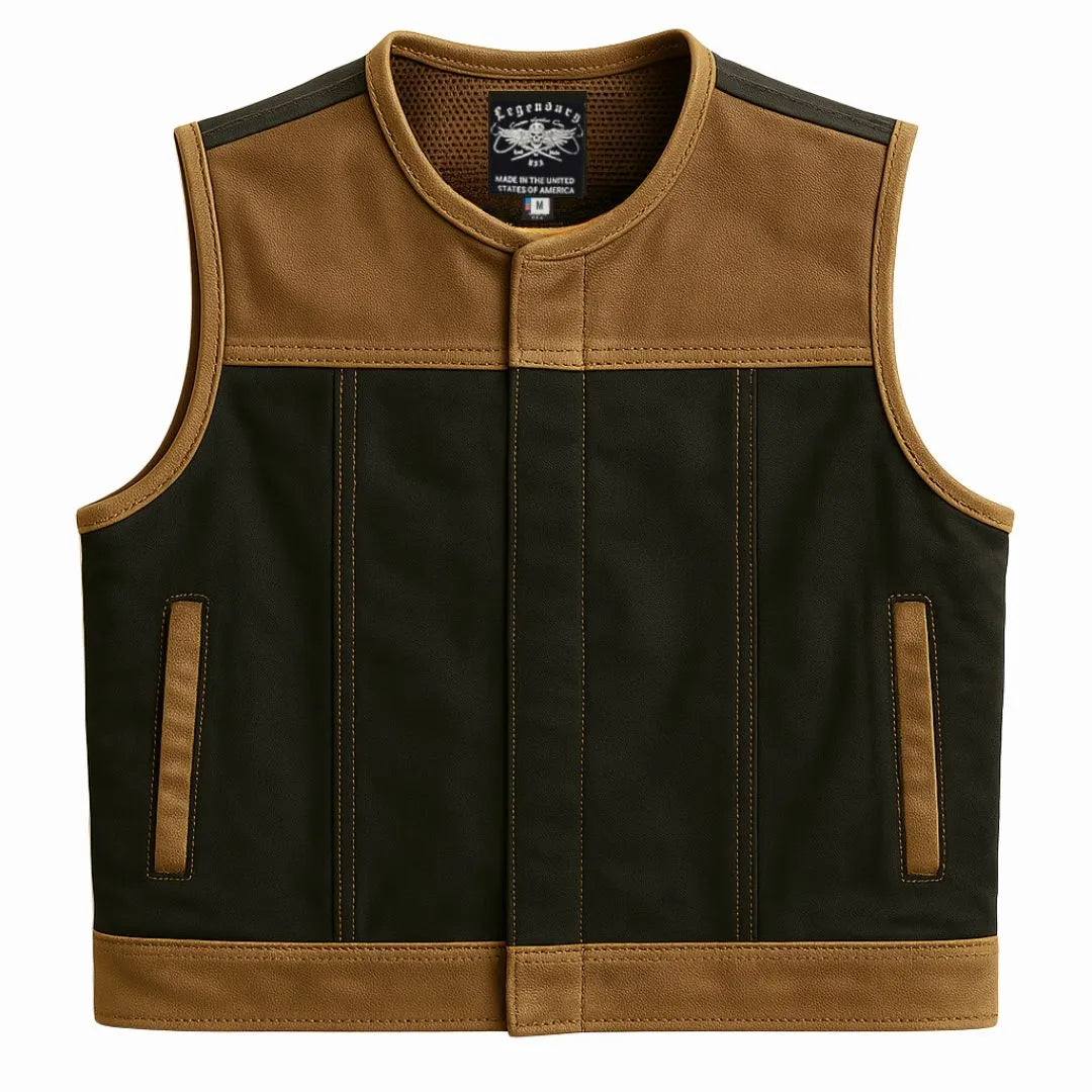 Legendary LowLife NCP Canvas & Leather Cropped Fitted Club Style Motorcycle Vest - Tobacco Brown