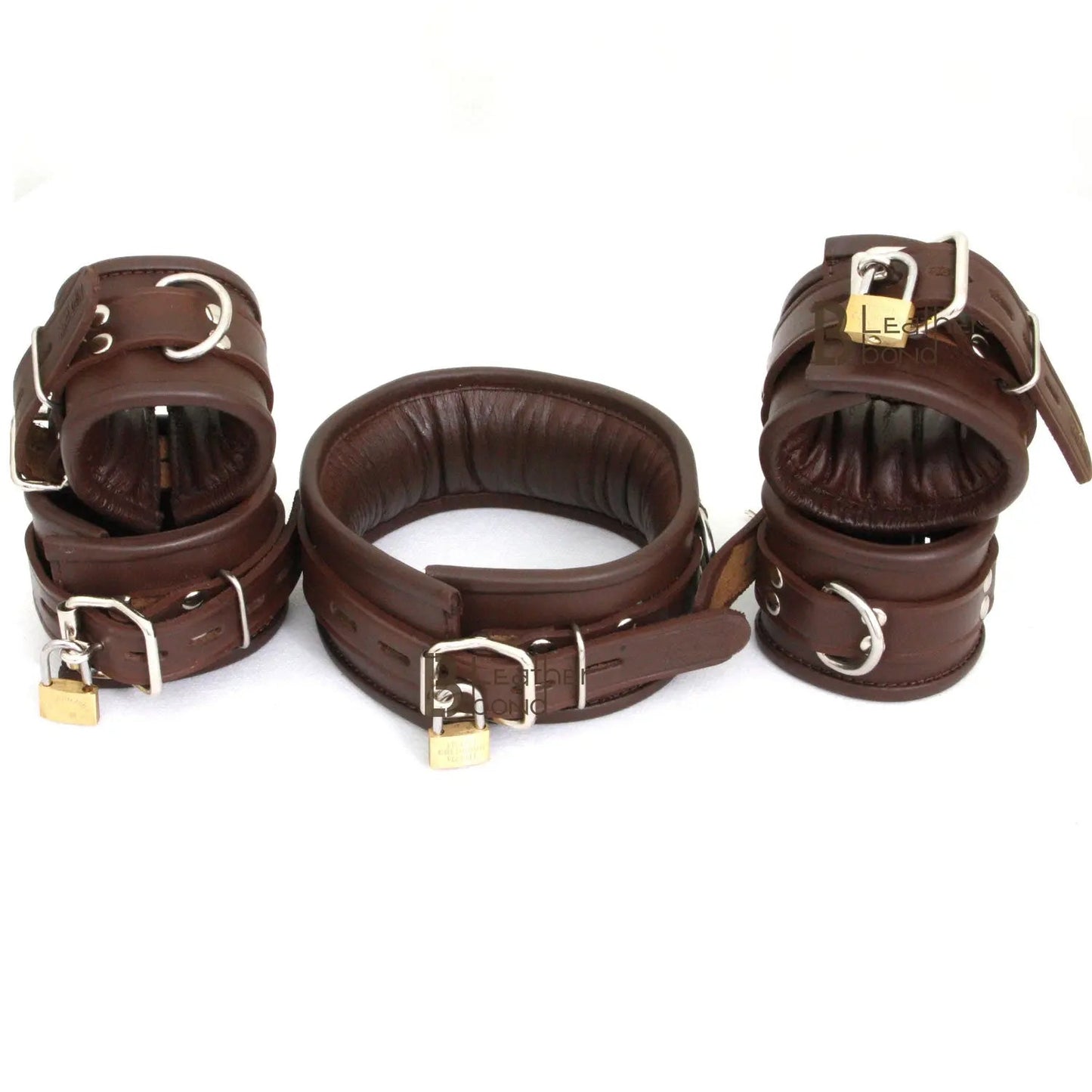 Real Cowhide Leather Wrist, Ankle Cuffs & Neck Collar Restraint Bondage Set Brown 5 Piece set Padded Cuffs Lockable