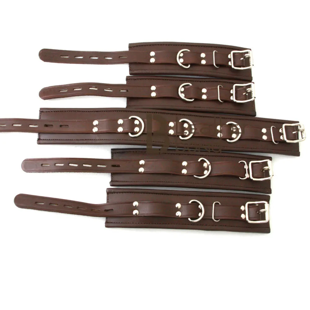 Real Cowhide Leather Wrist, Ankle Cuffs & Neck Collar Restraint Bondage Set Brown 5 Piece set Padded Cuffs Lockable
