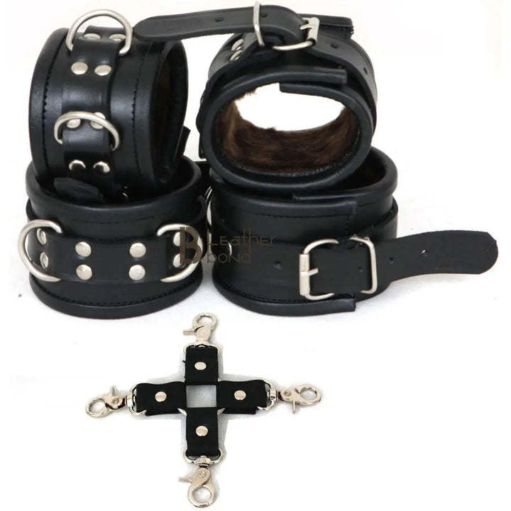 Real Cowhide Leather Wrist, Ankle Cuffs Set Restraint Bondage Set with Hogtie Black 5 Piece Fur Lining