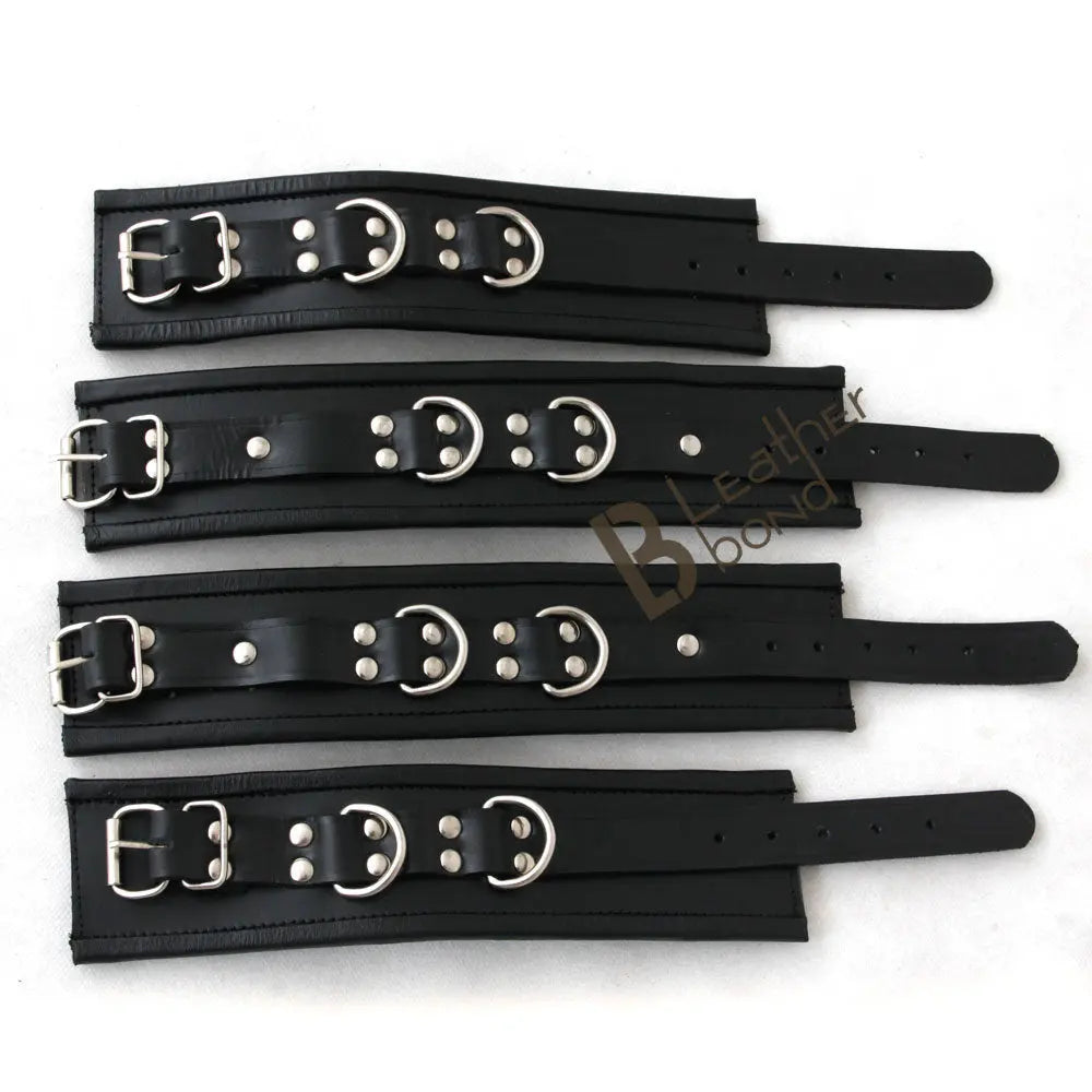 Real Cowhide Leather Wrist, Ankle Cuffs Set Restraint Bondage Set with Hogtie Black 5 Piece Fur Lining