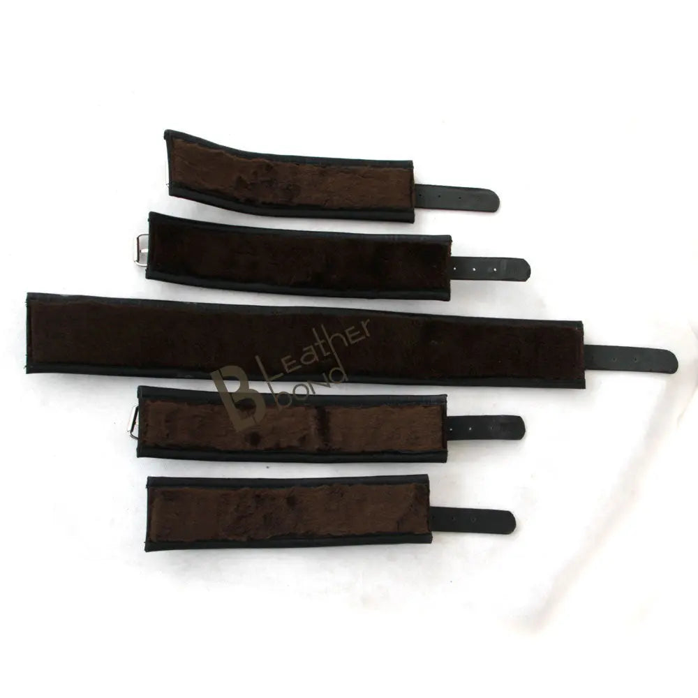 Real Cowhide Leather Wrist, Ankle Cuffs Set Restraint Bondage Set with Hogtie Black 5 Piece Fur Lining