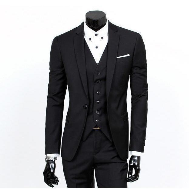 Men's Black One Button Slim Fit Suit - Three Piece